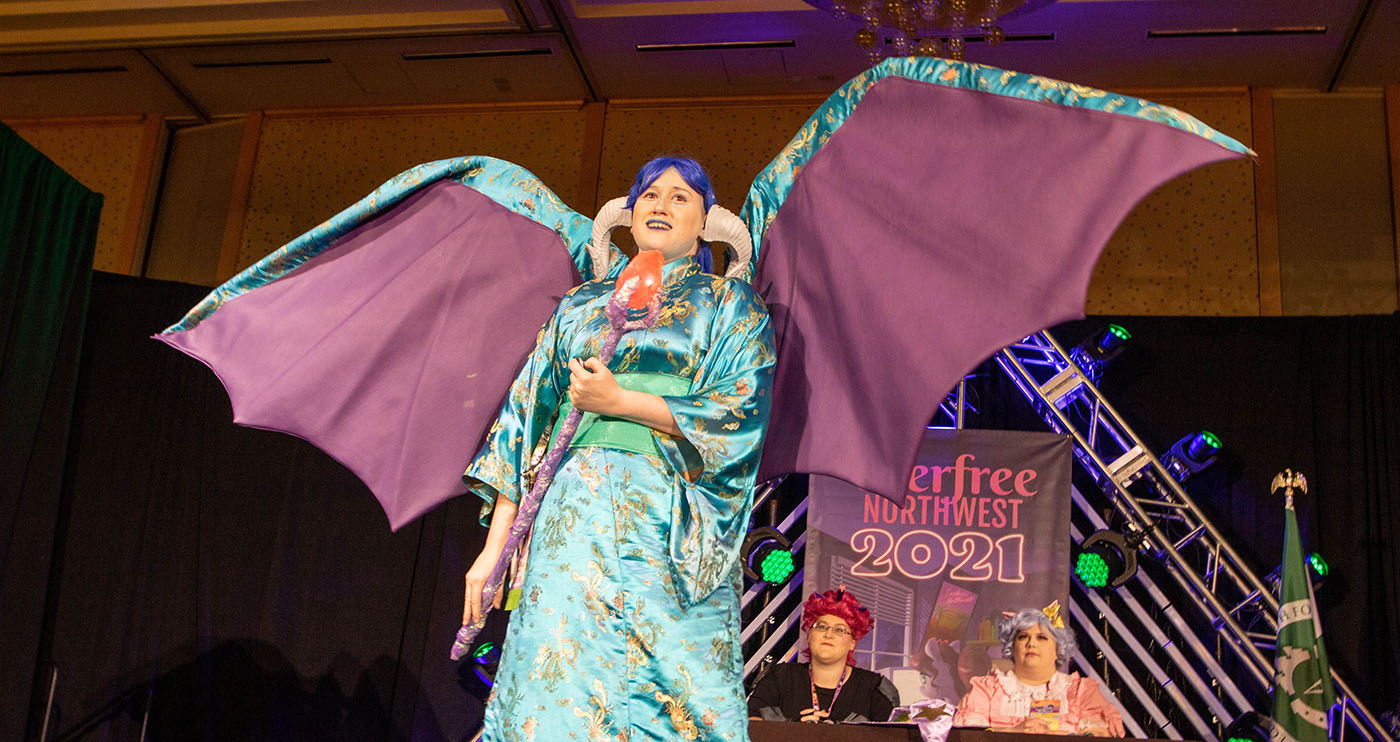 A cosplayer on stage.